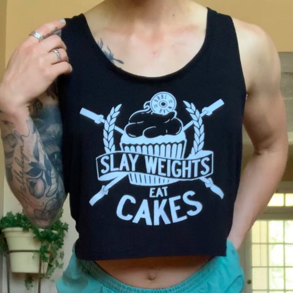 Barbell Revolution Tops - Slay Weights Eat Cakes Barbell Revolution Tank (S)